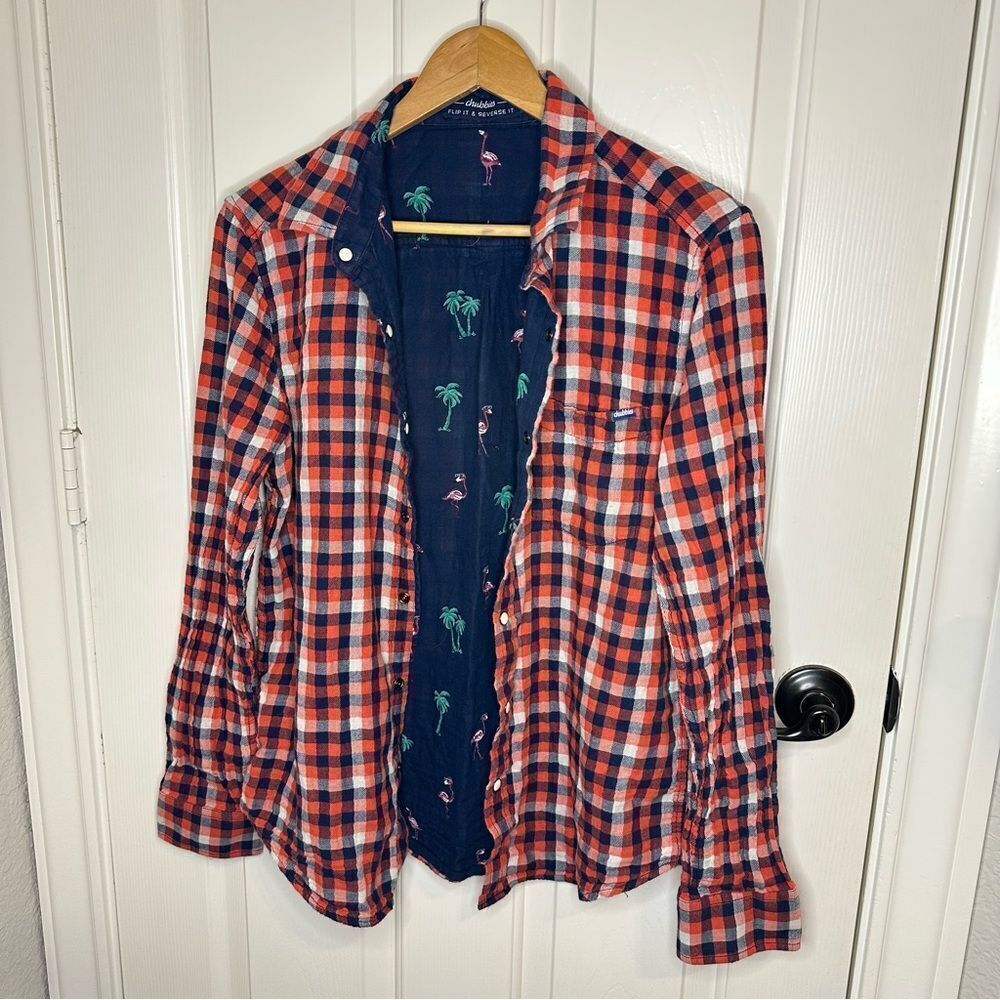 Chubbies Flip it Reverse It Reversible Flamingos Snap Button Plaid Shirt Sz M